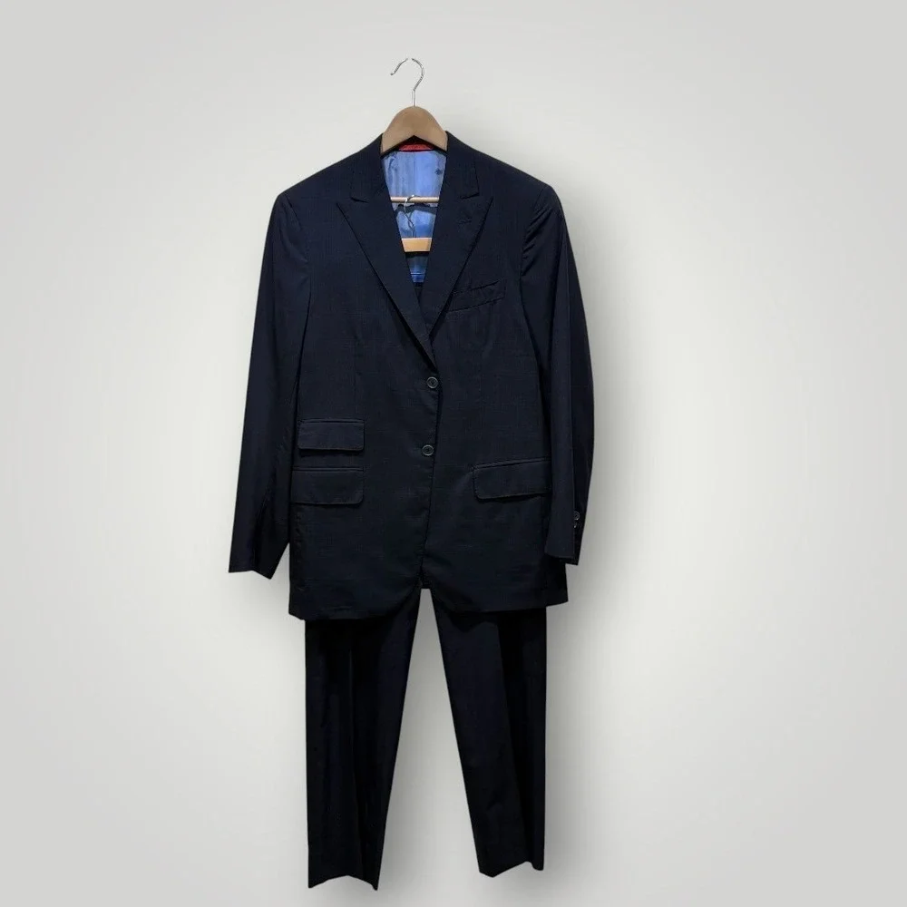Isaia Napoli Men Navy Blue Windowpane Wool Silk Suit 150s Aqualight IT 52/ US 42